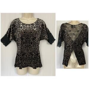 BKE Boutique Top Medium Black Floral Burnout Velvet Lace Witchy Fairy Vamp Y2K